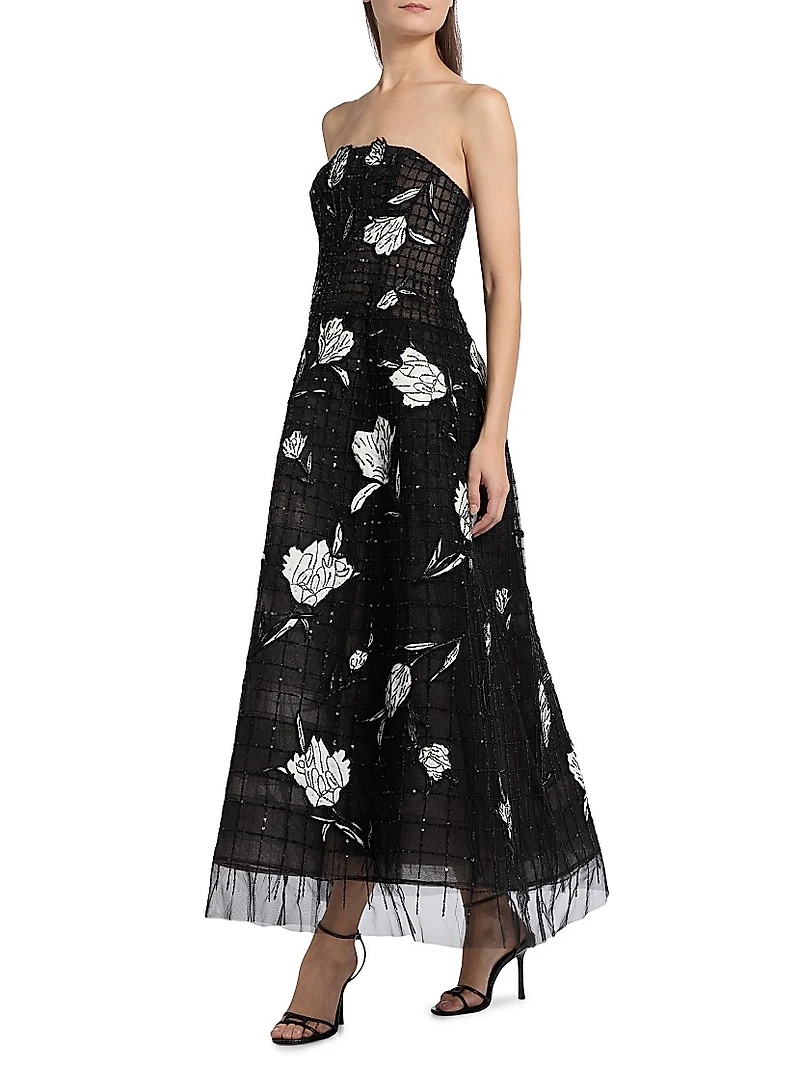 Embroidered Lillies Sequin Mesh Strapless Cocktail Dress