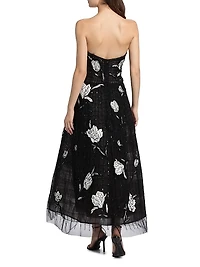 Embroidered Lillies Sequin Mesh Strapless Cocktail Dress