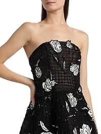 Embroidered Lillies Sequin Mesh Strapless Cocktail Dress