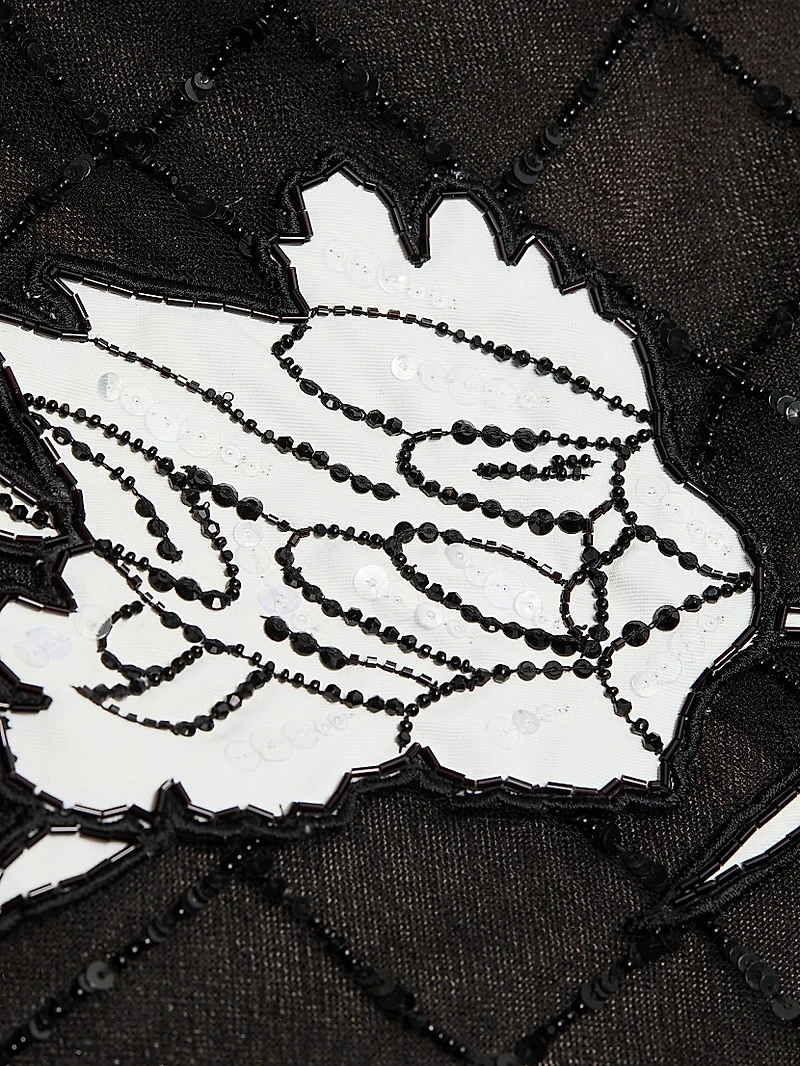 Embroidered Lillies Sequin Mesh Strapless Cocktail Dress