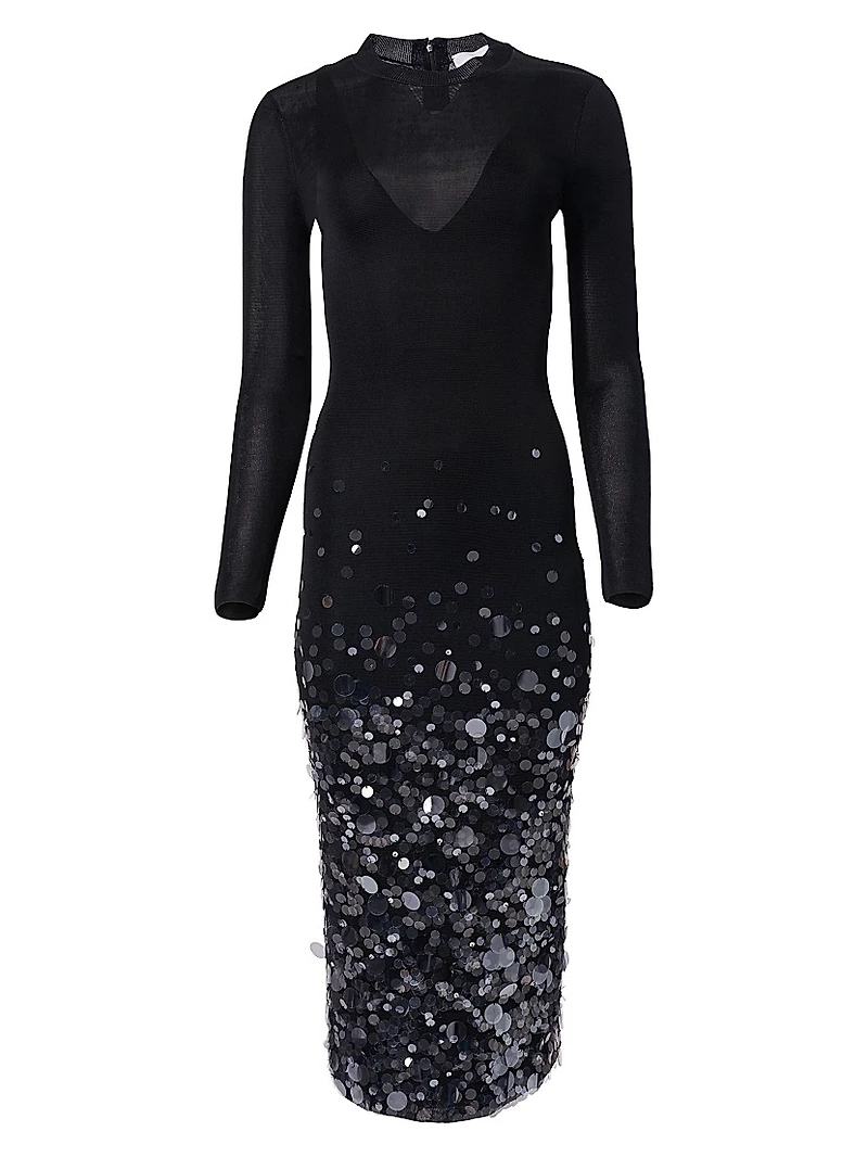 Sequin-Embellished Long-Sleeve Midi-Dress