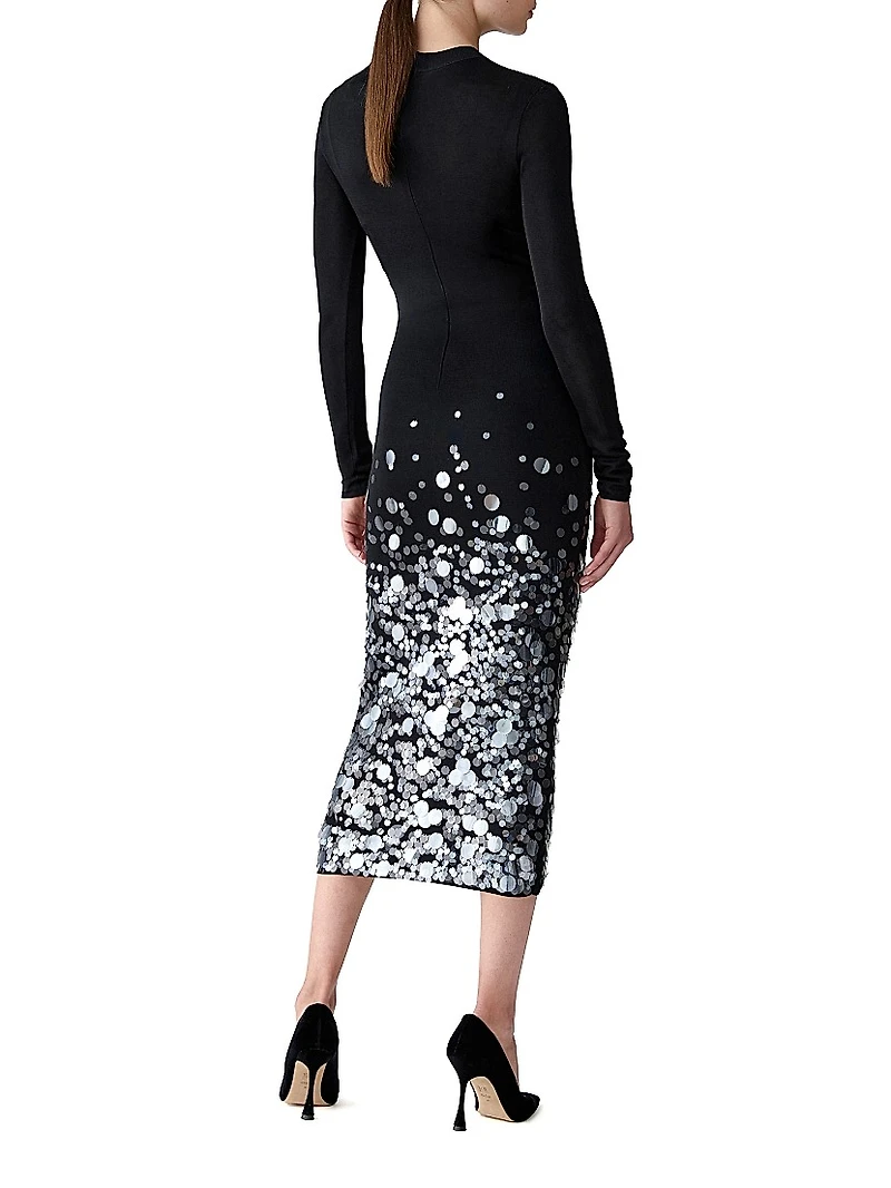Sequin-Embellished Long-Sleeve Midi-Dress