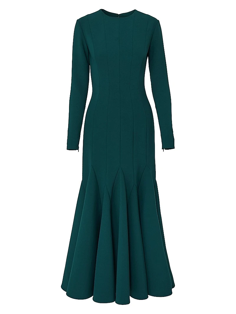Crewneck Long-Sleeve Trumpet Midi-Dress