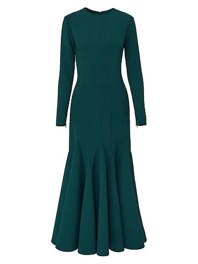 Crewneck Long-Sleeve Trumpet Midi-Dress
