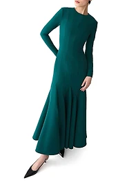 Crewneck Long-Sleeve Trumpet Midi-Dress