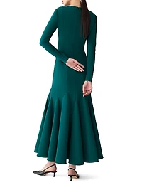 Crewneck Long-Sleeve Trumpet Midi-Dress