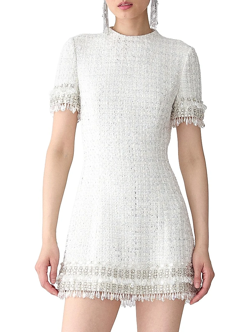 Embellished Tweed Short-Sleeve Minidress