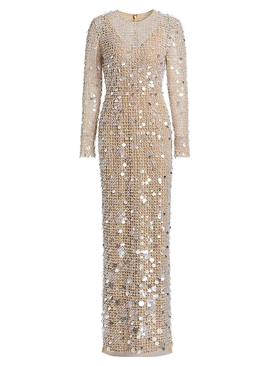 Embellished Sequined Column Gown