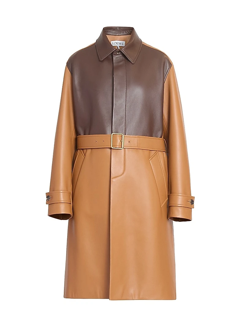 Colorblocked Leather Belted Coat