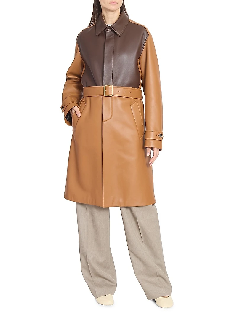 Colorblocked Leather Belted Coat