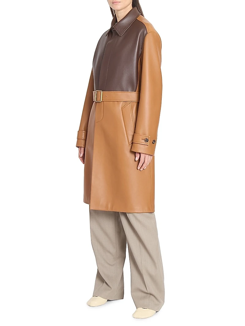 Colorblocked Leather Belted Coat