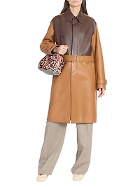 Colorblocked Leather Belted Coat
