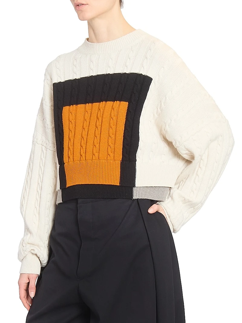 Colorblocked Cable-Knit Wool Sweater