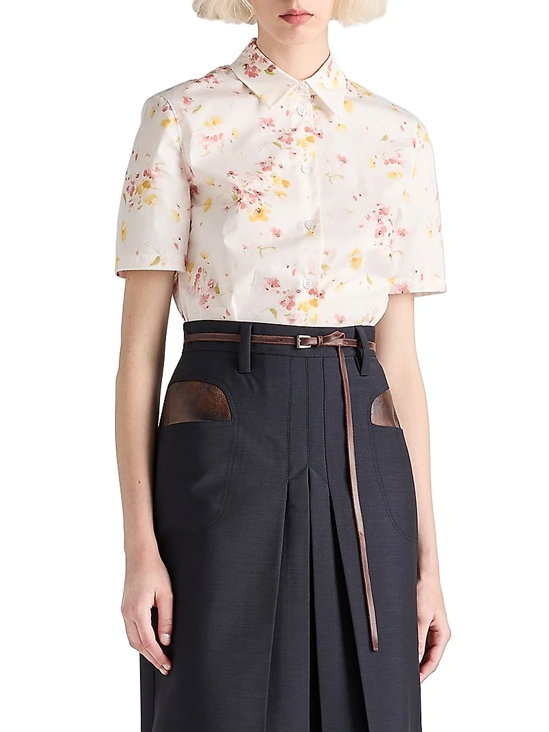 Short-Sleeved Floral Print Poplin Shirt