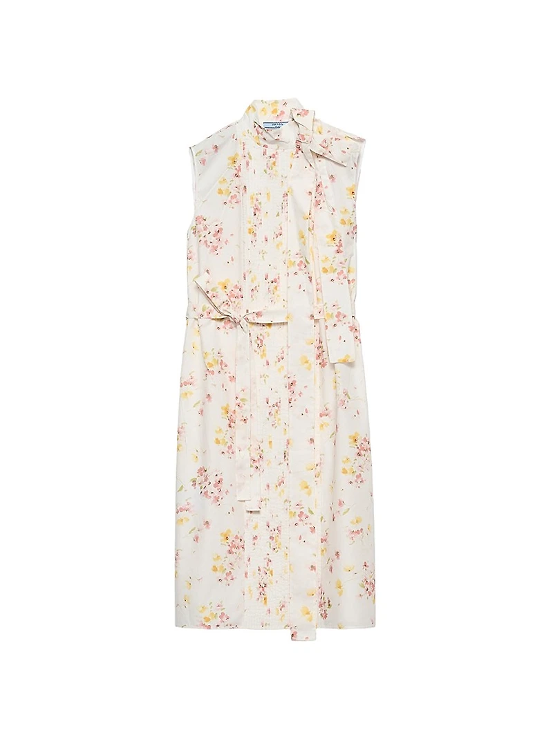 Pleated Floral Print Poplin Dress