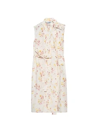 Pleated Floral Print Poplin Dress