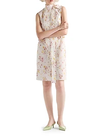 Pleated Floral Print Poplin Dress