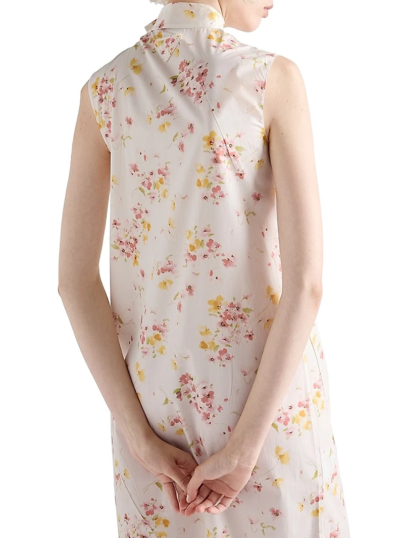 Pleated Floral Print Poplin Dress