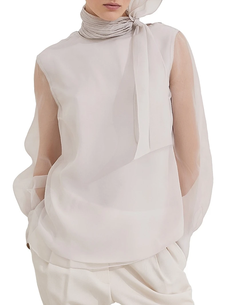 Crispy Silk Pussybow Blouse with Monili