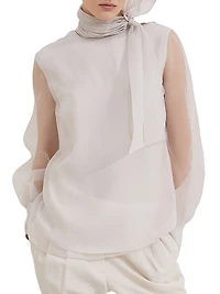 Crispy Silk Pussybow Blouse with Monili