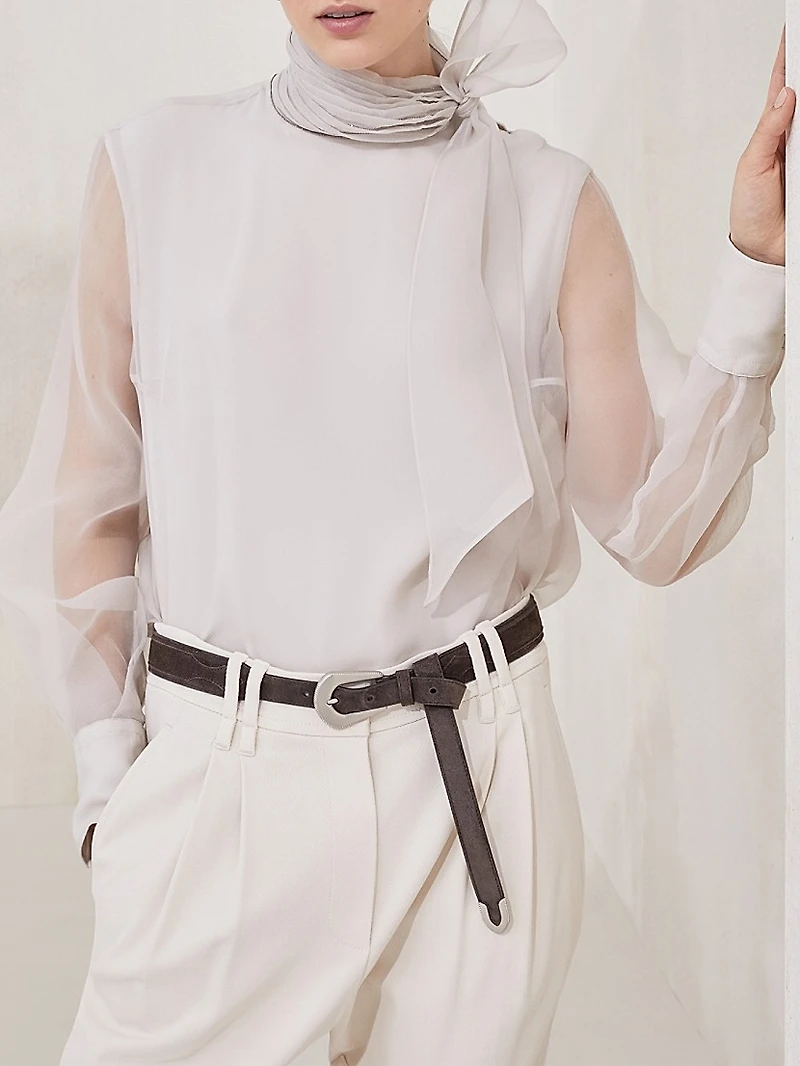 Crispy Silk Pussybow Blouse with Monili