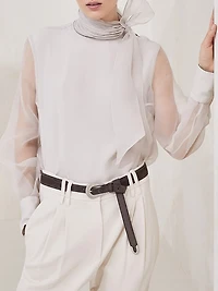 Crispy Silk Pussybow Blouse with Monili