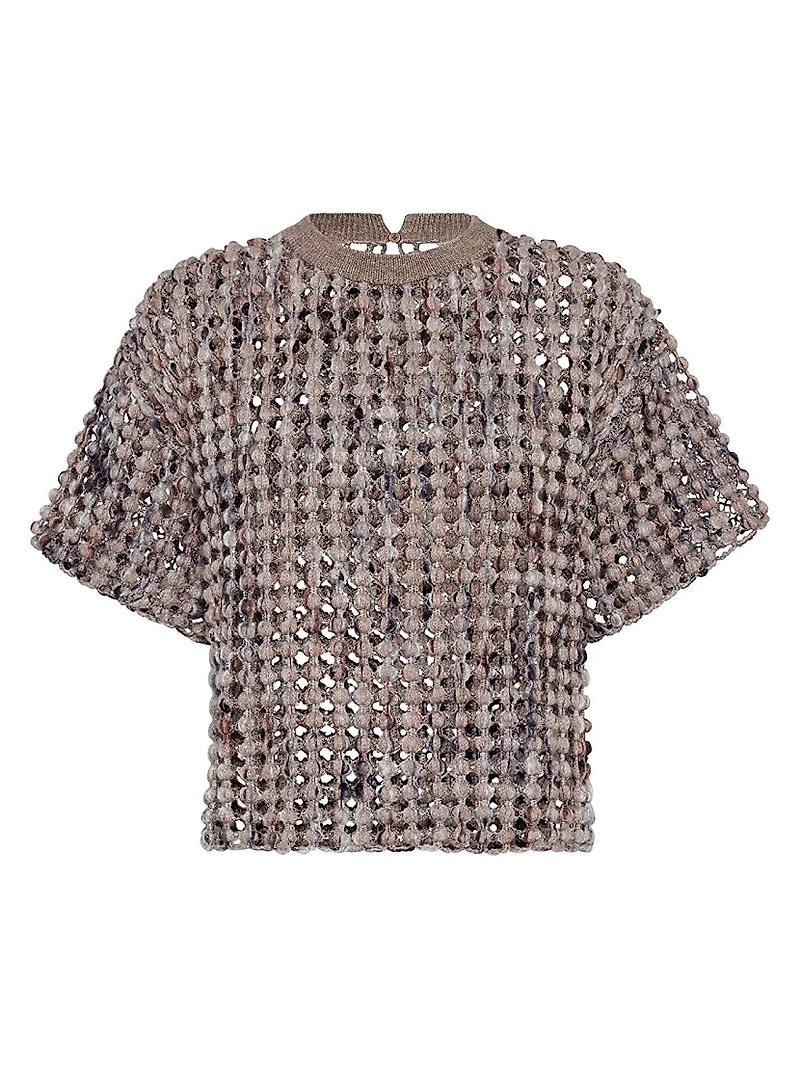 Virgin Wool Cashmere and Mohair Balloon Net Embroidery Knit T-Shirt