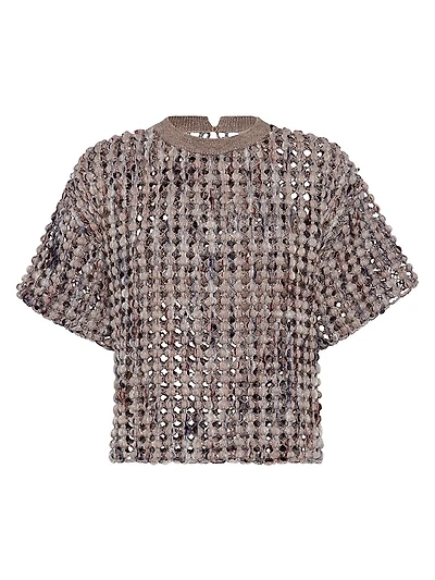 Virgin Wool Cashmere and Mohair Balloon Net Embroidery Knit T-Shirt