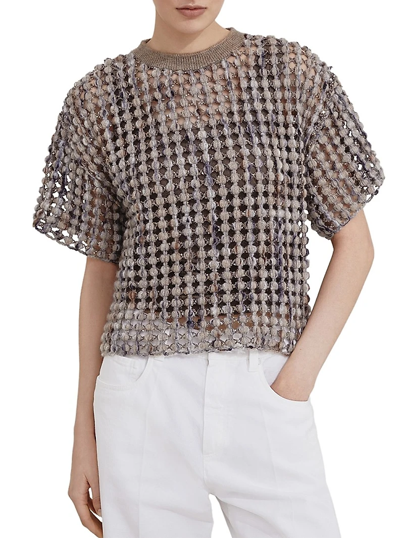 Virgin Wool Cashmere and Mohair Balloon Net Embroidery Knit T-Shirt