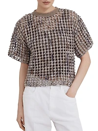 Virgin Wool Cashmere and Mohair Balloon Net Embroidery Knit T-Shirt