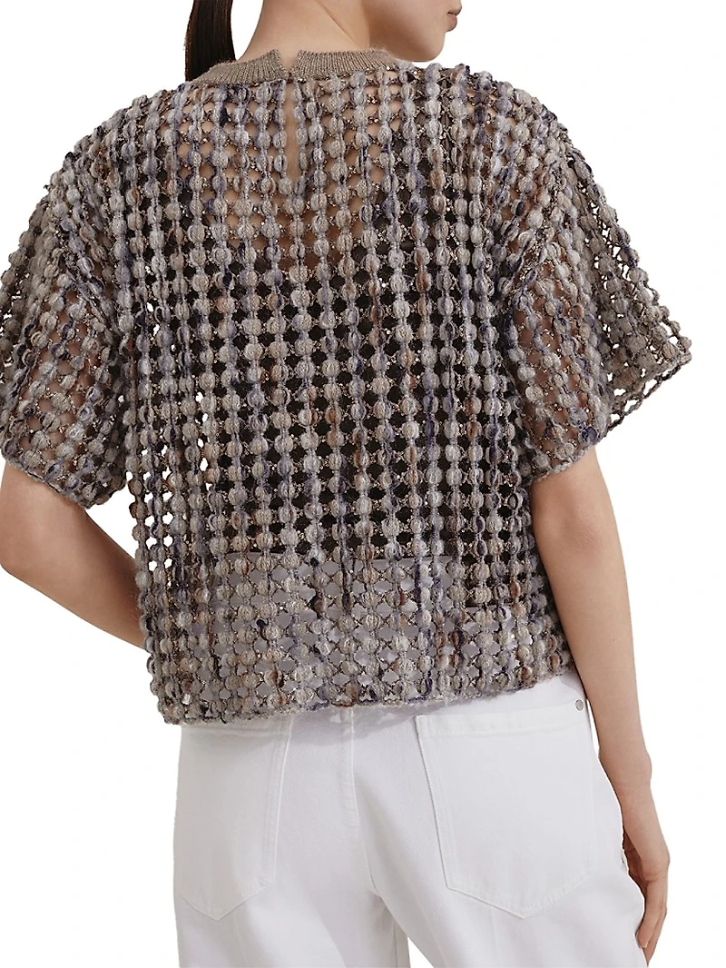 Virgin Wool Cashmere and Mohair Balloon Net Embroidery Knit T-Shirt