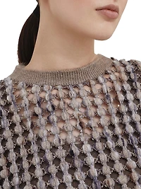 Virgin Wool Cashmere and Mohair Balloon Net Embroidery Knit T-Shirt