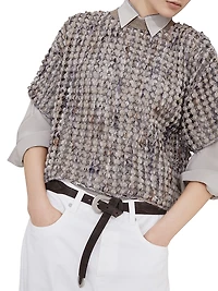 Virgin Wool Cashmere and Mohair Balloon Net Embroidery Knit T-Shirt