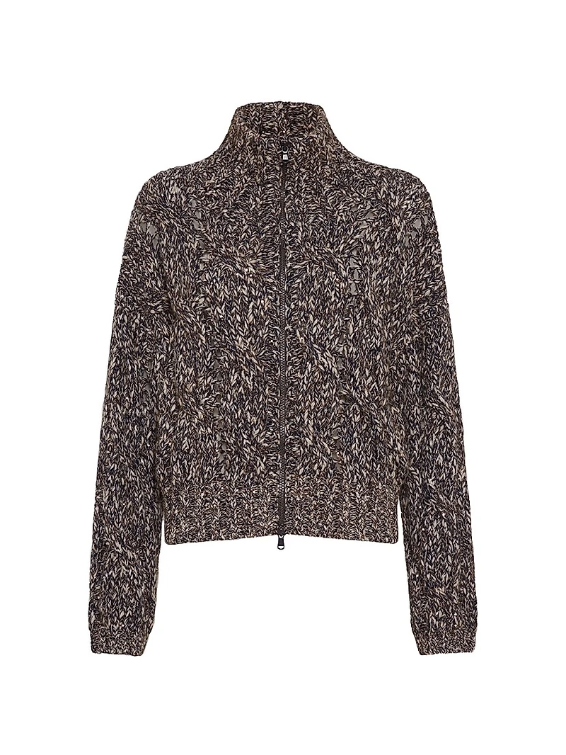 Dazzling Chiné Cable Knit Cardigan Soft Wool, Cashmere and Mohair with Zipper