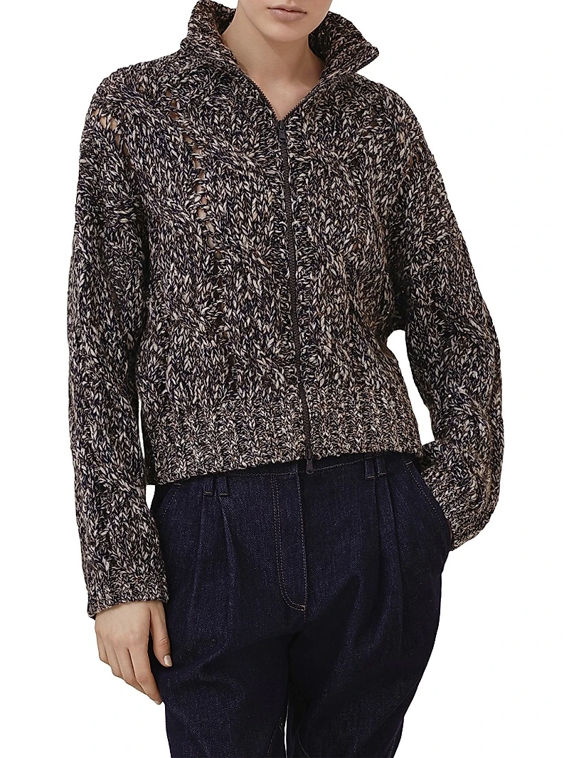 Dazzling Chiné Cable Knit Cardigan Soft Wool, Cashmere and Mohair with Zipper