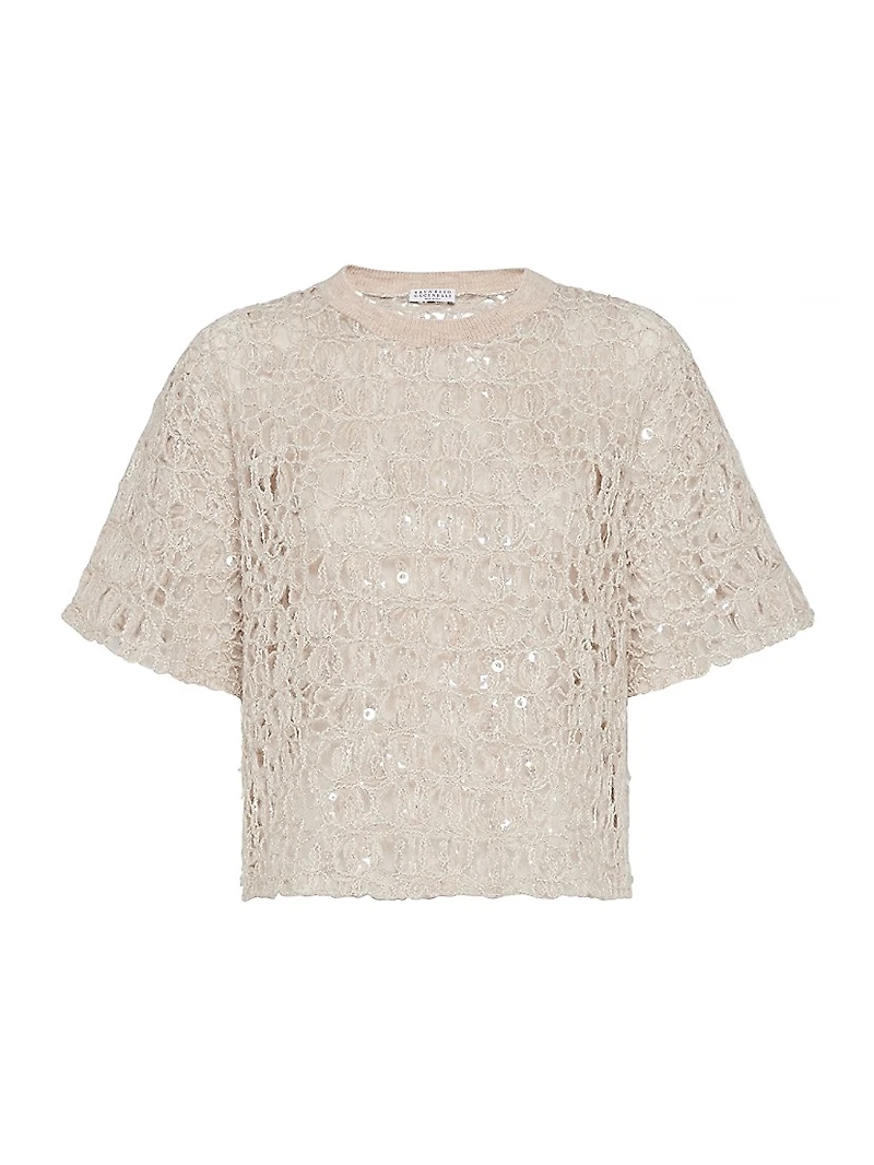 Dazzling Croc Embroidery Knit T-Shirt Mohair Silk and Linen