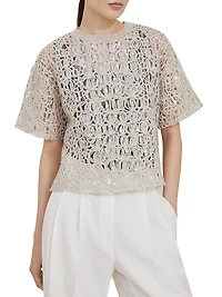 Dazzling Croc Embroidery Knit T-Shirt Mohair Silk and Linen