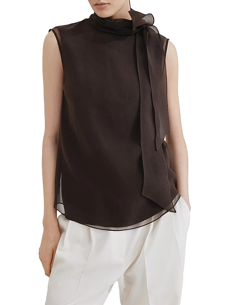 Crispy Silk Pussybow Top with Monili