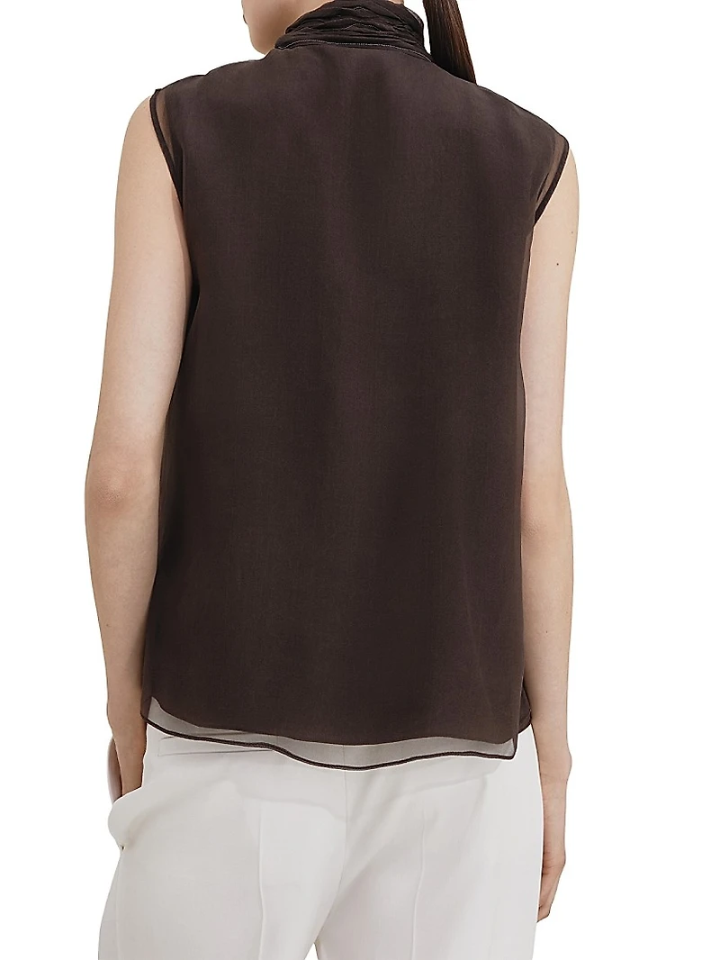 Crispy Silk Pussybow Top with Monili