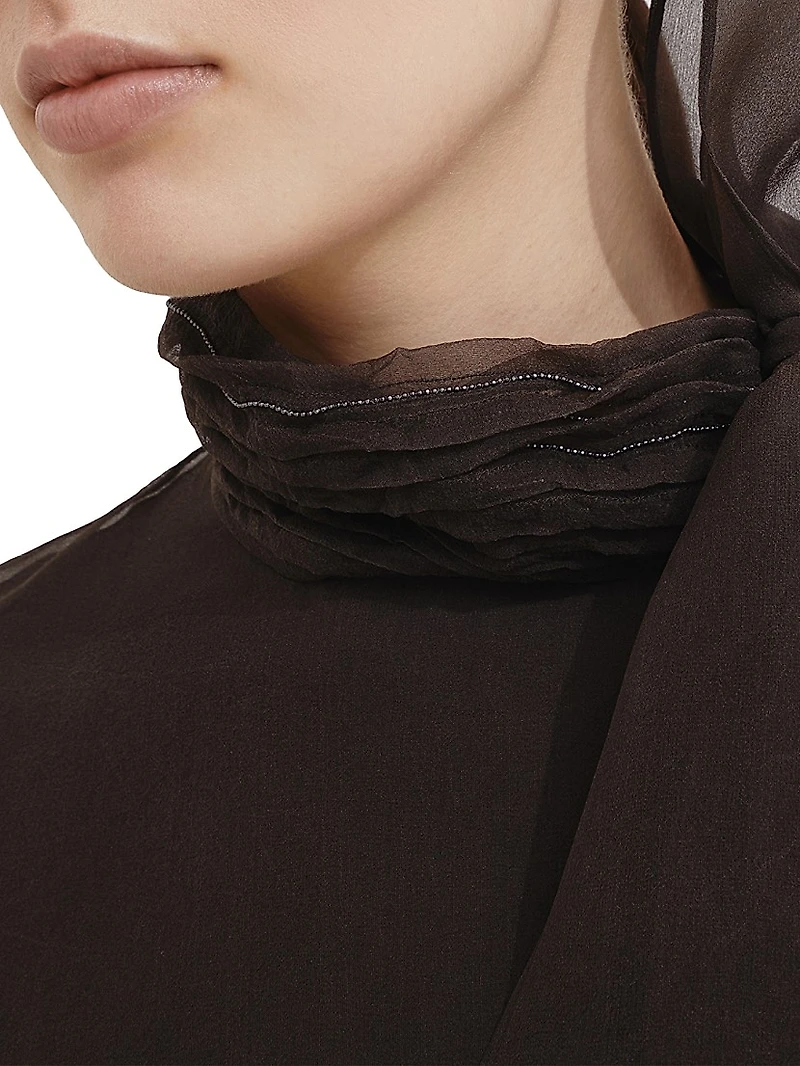 Crispy Silk Pussybow Top with Monili