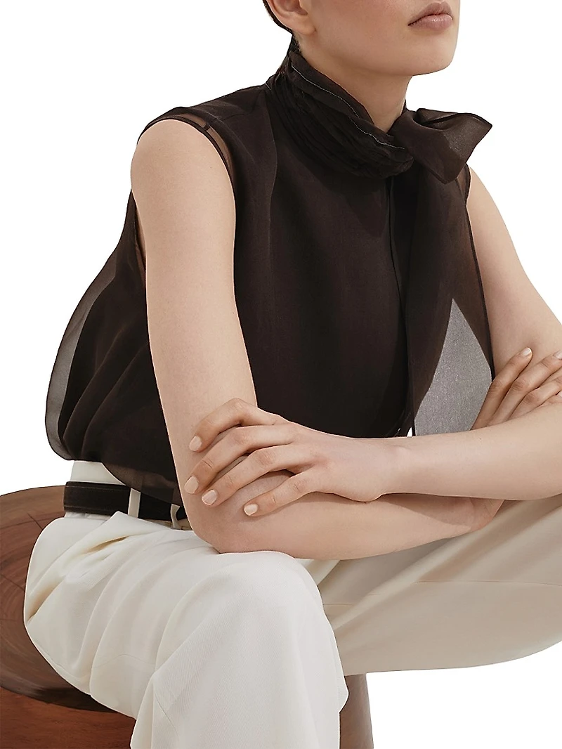 Crispy Silk Pussybow Top with Monili