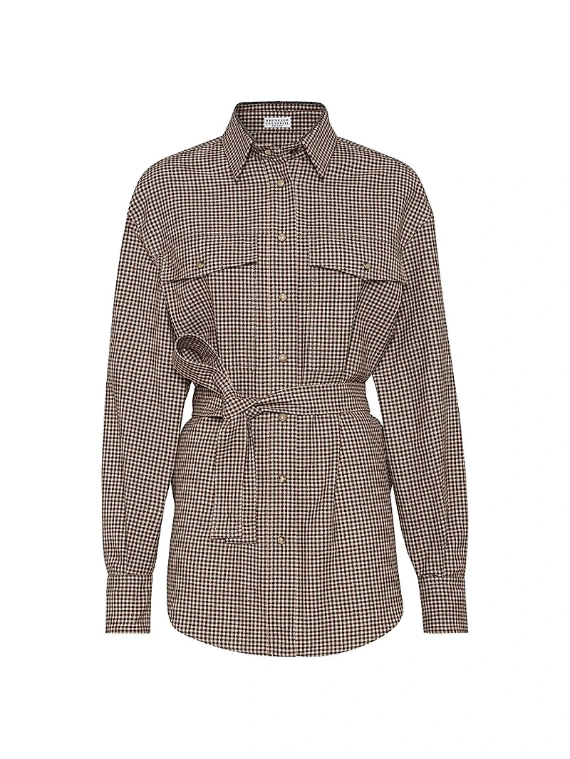 Virgin Wool Check Belted Shirt with Shiny Collar Detail