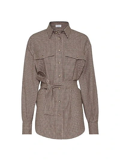Virgin Wool Check Belted Shirt with Shiny Collar Detail