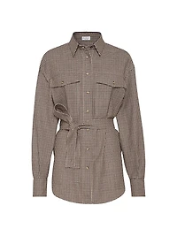 Virgin Wool Check Belted Shirt with Shiny Collar Detail