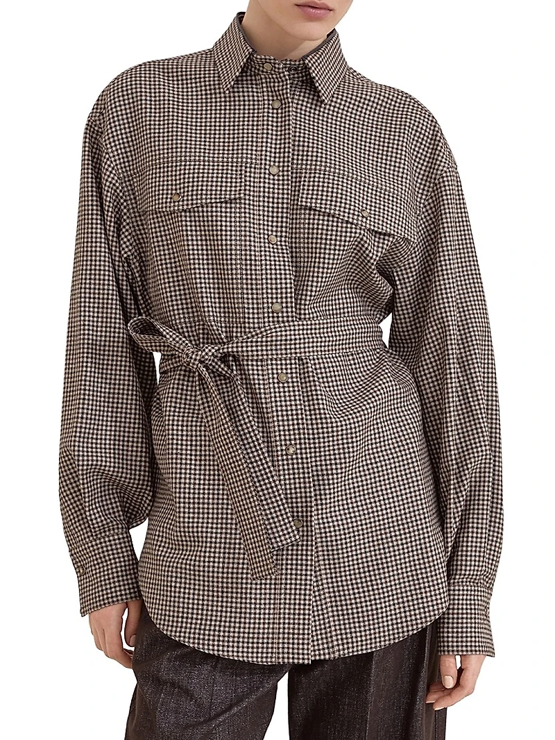 Virgin Wool Check Belted Shirt with Shiny Collar Detail