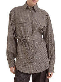 Virgin Wool Check Belted Shirt with Shiny Collar Detail