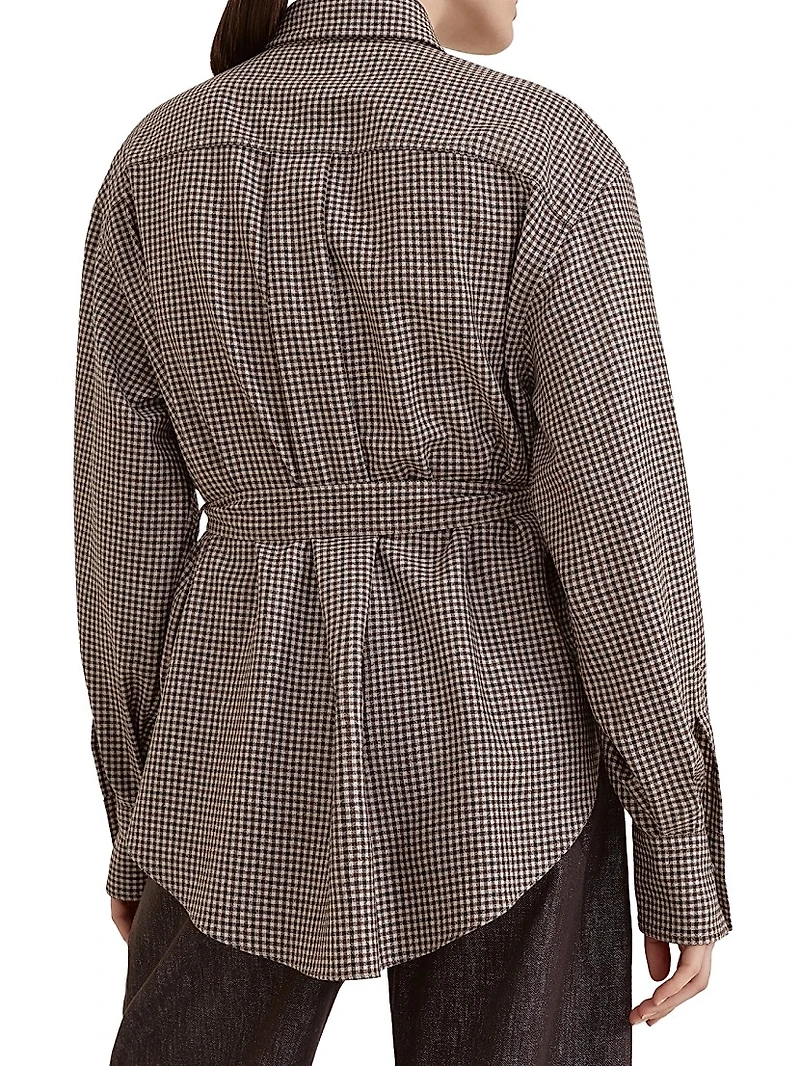 Virgin Wool Check Belted Shirt with Shiny Collar Detail
