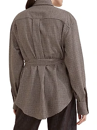 Virgin Wool Check Belted Shirt with Shiny Collar Detail