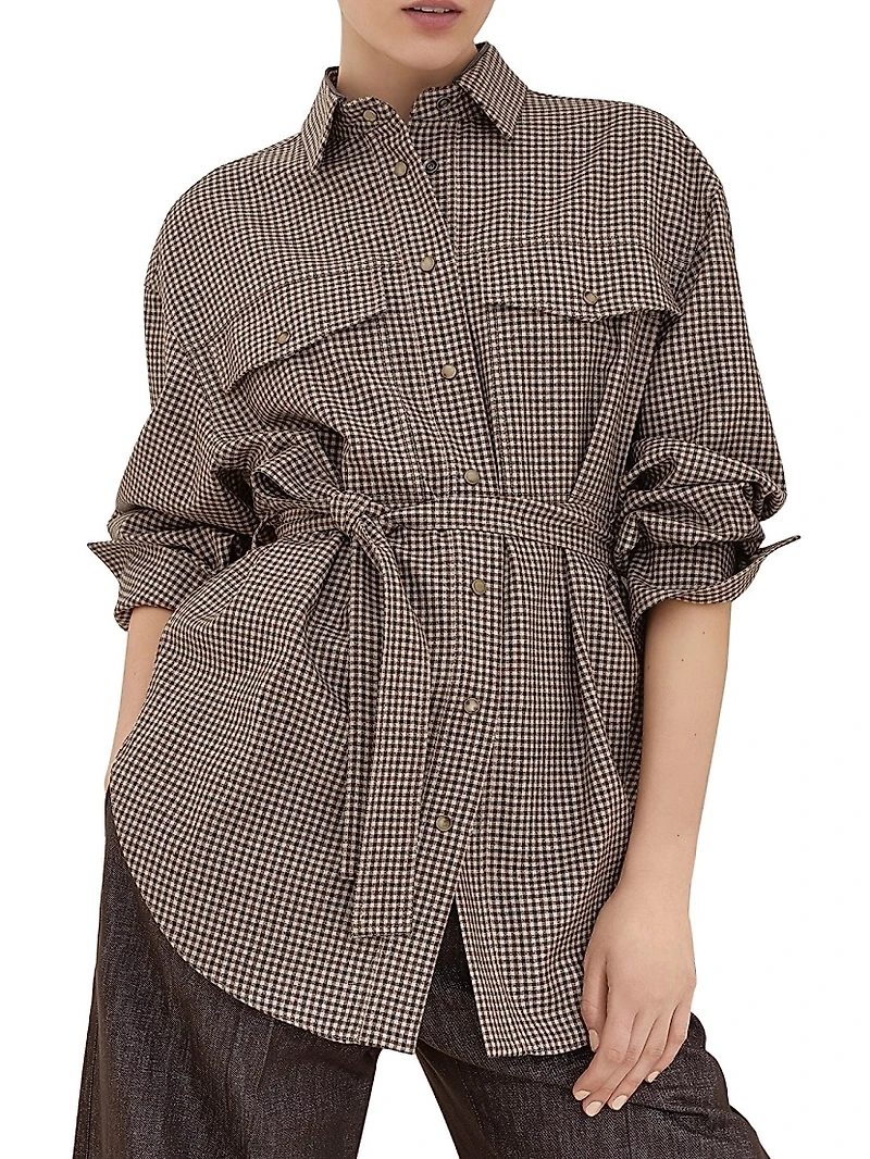 Virgin Wool Check Belted Shirt with Shiny Collar Detail