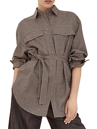 Virgin Wool Check Belted Shirt with Shiny Collar Detail